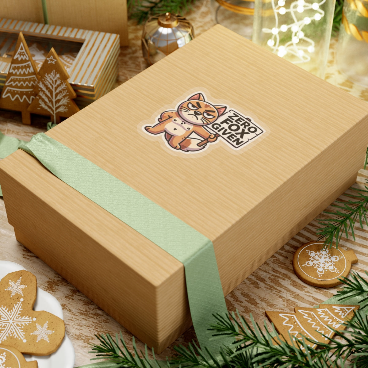 cute sarcastic animal zero fox given pun sticker on kraft gift box with mint ribbon and holiday cookies
