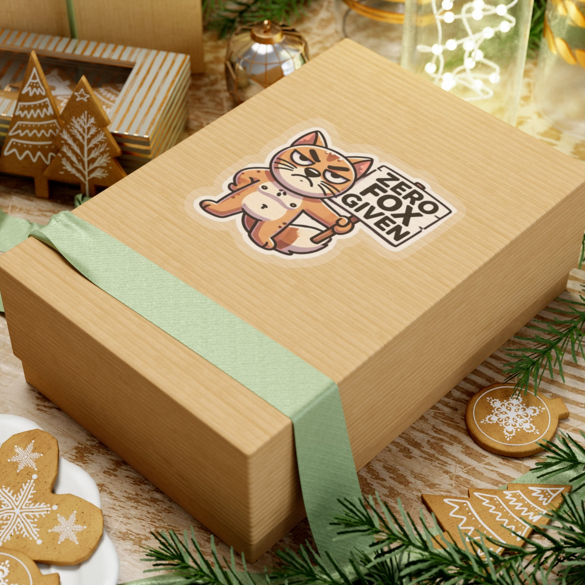 Printify cute sarcastic animal zero fox given pun sticker on kraft gift box with green ribbon and holiday cookies