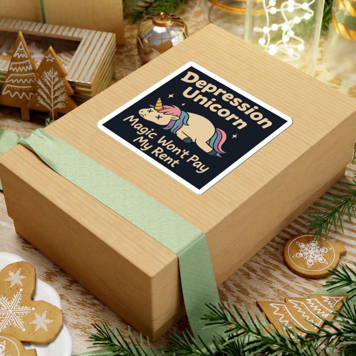Funny cute unicorn art sticker on kraft gift box showing sleeping unicorn and Depression Unicorn slogan