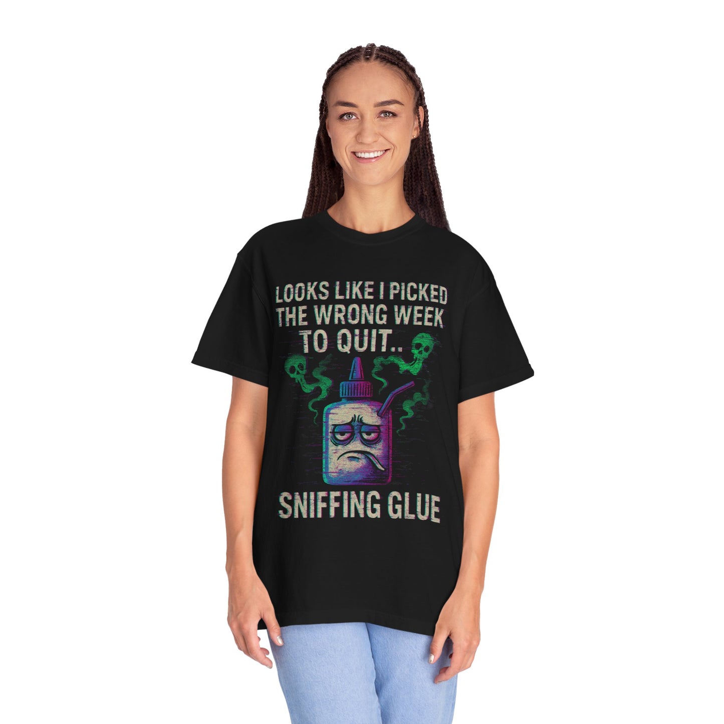 Black Printify tee with distressed glue bottle graphic and captioned quitting joke sniffing glue movie quote meme unisex shirt