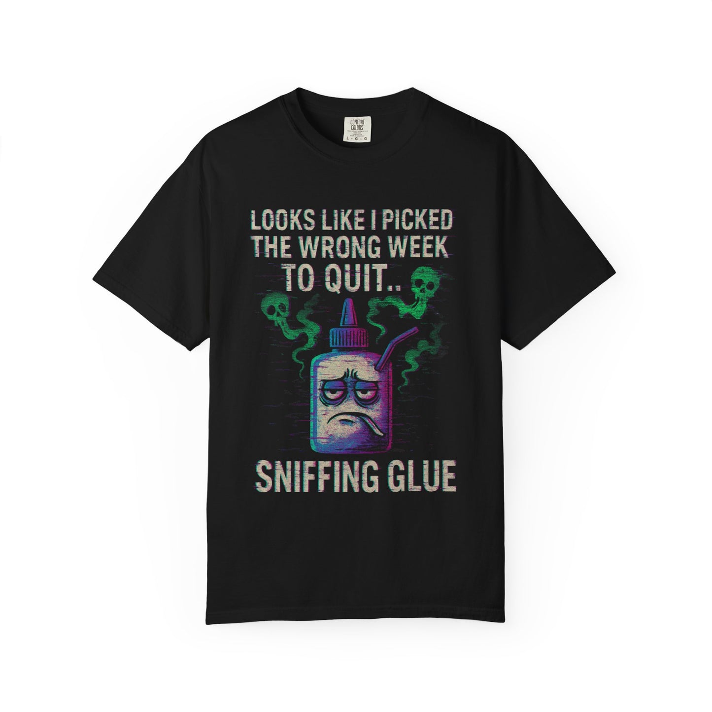 Black Printify tee with sad glue bottle graphic and text sniffing glue movie quote meme unisex shirt