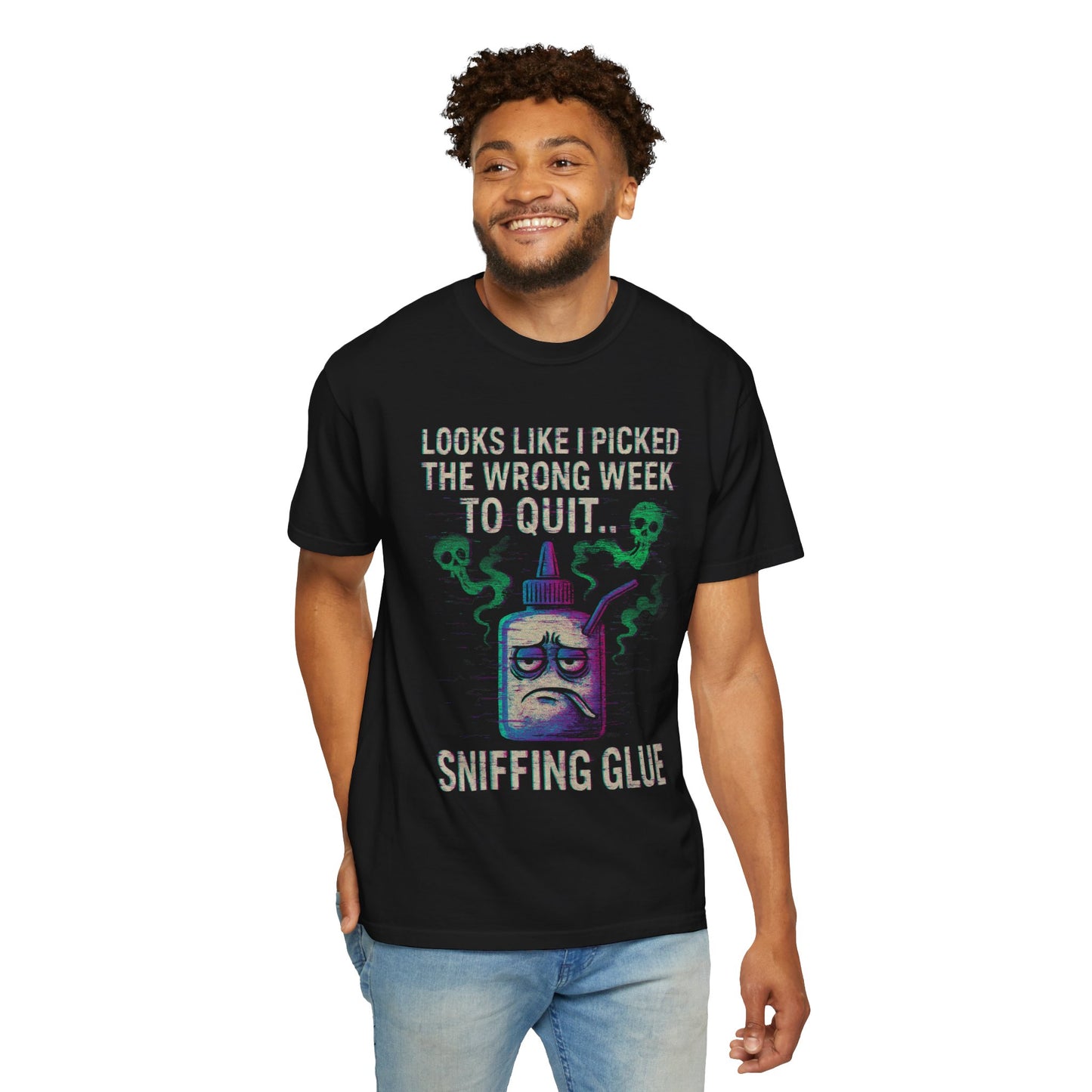Printify black tee with sad glue bottle and caption sniffing glue movie quote meme unisex shirt