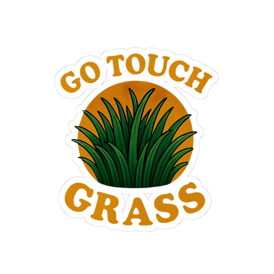 Printify paper sticker showing green grass illustration with retro orange circle and text go touch grass funny meme kiss sticker