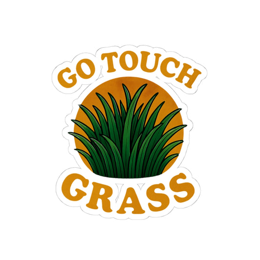 Printify paper sticker with green grass illustration and retro orange text go touch grass funny meme kiss sticker for laptops