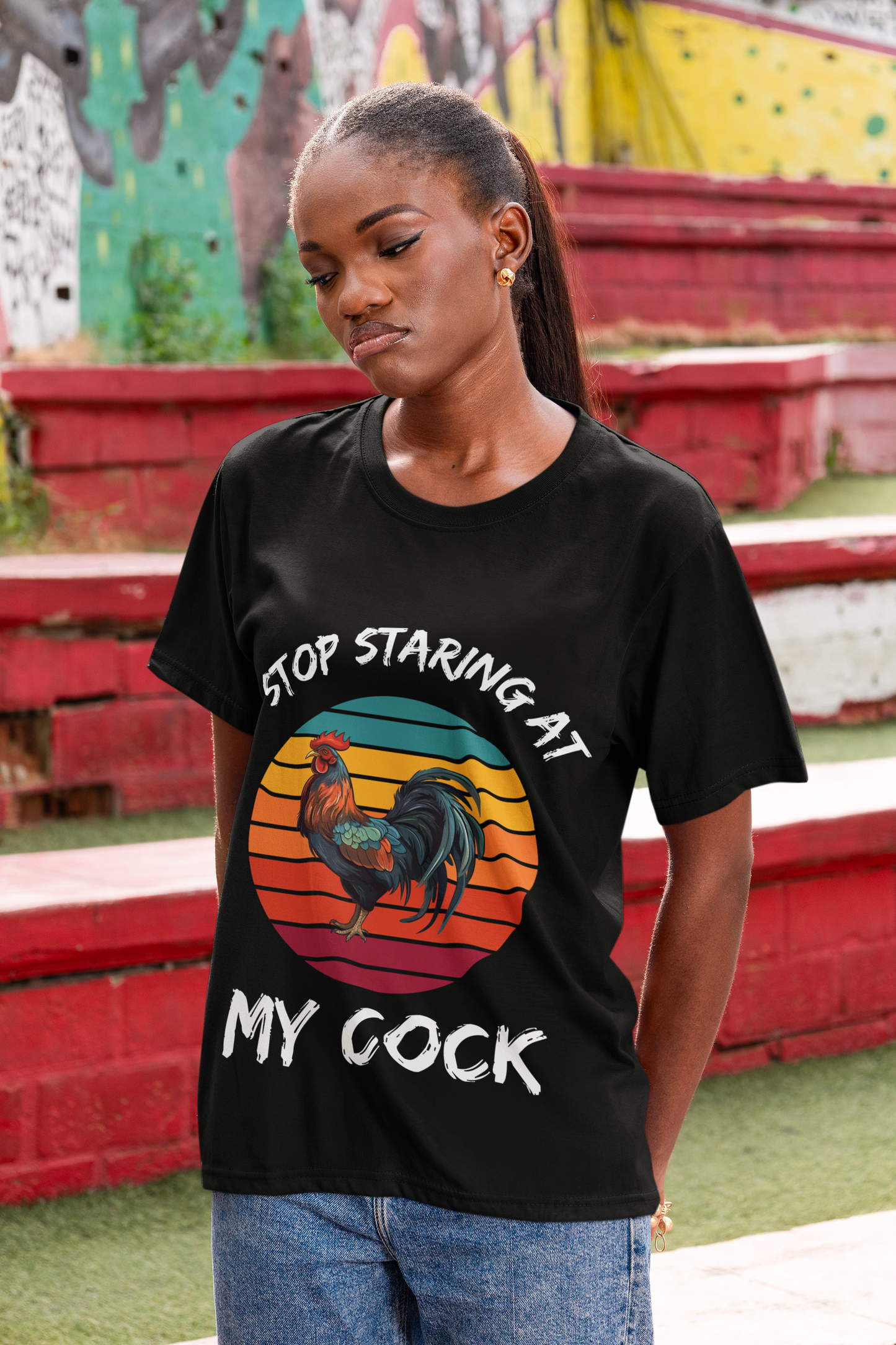 Stop Staring at My Cock Unisex T-Shirt – Funny Rooster Joke Graphic Tee