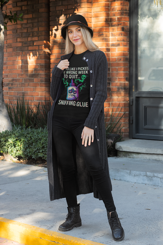 Printify T Shirt with colorful cartoon graphic and text sniffing glue movie quote meme unisex shirt worn by model