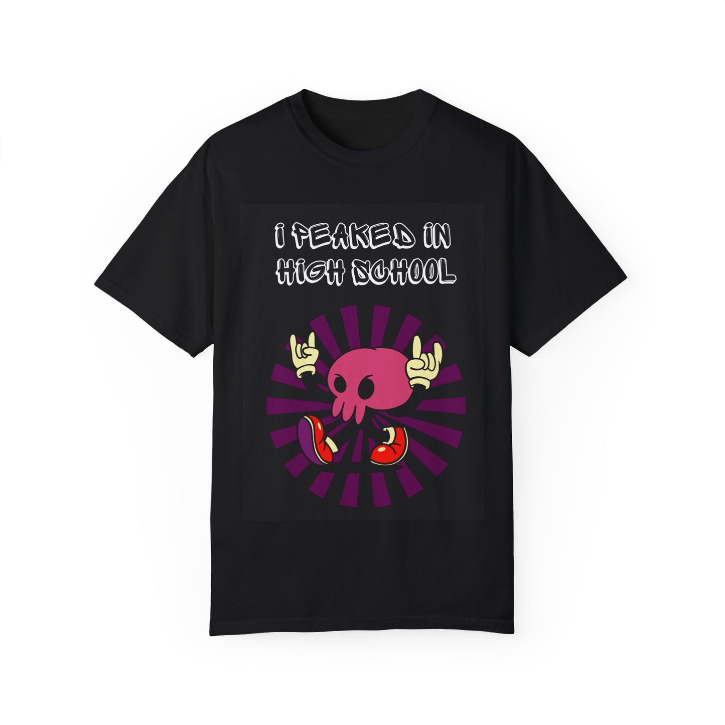 Printify black t shirt featuring I Peaked in High School funny t-shirt skull graphic with purple rays and red sneakers
