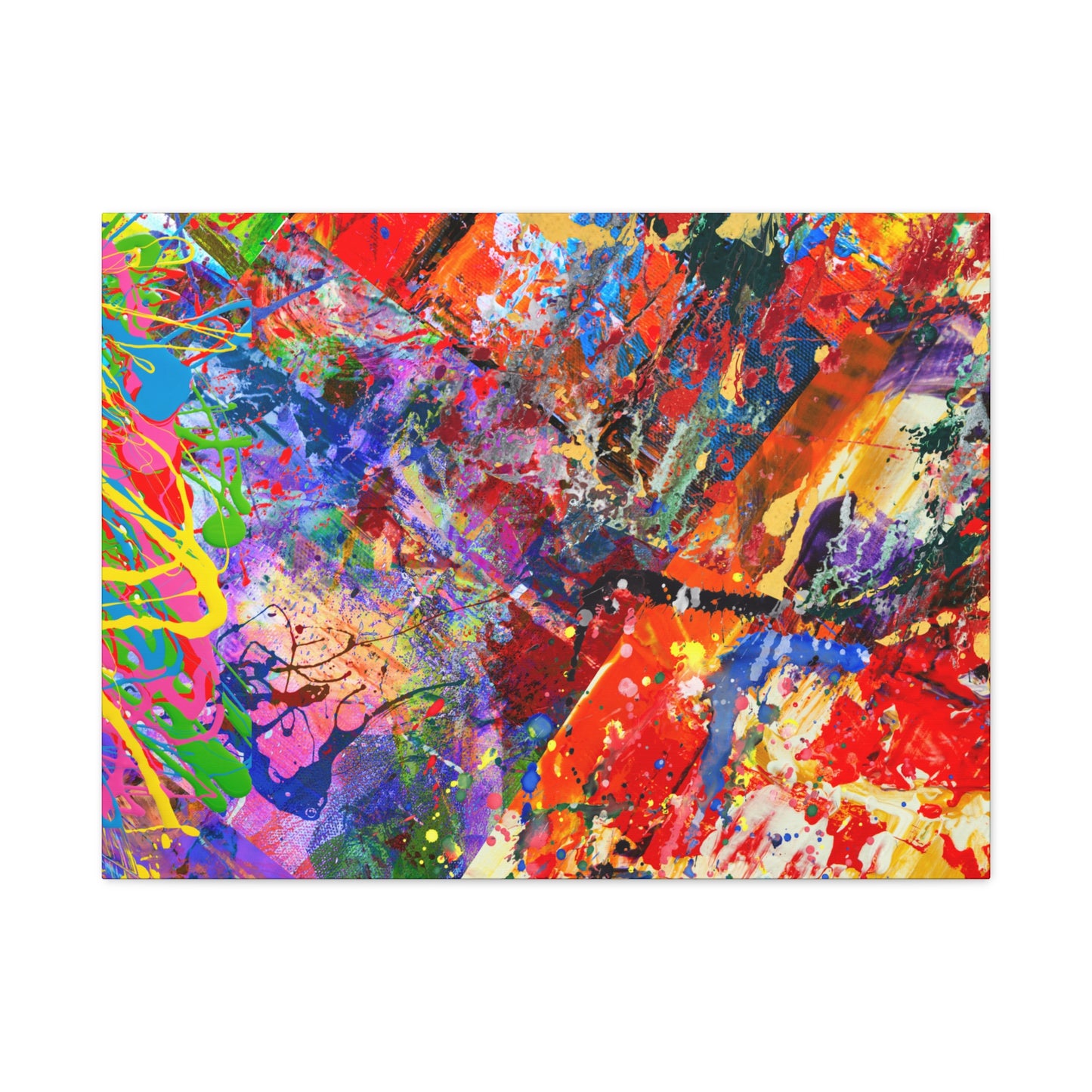 Colorful canvas abstract art print kaleidoscope collision with vibrant splashes of red blue yellow and green