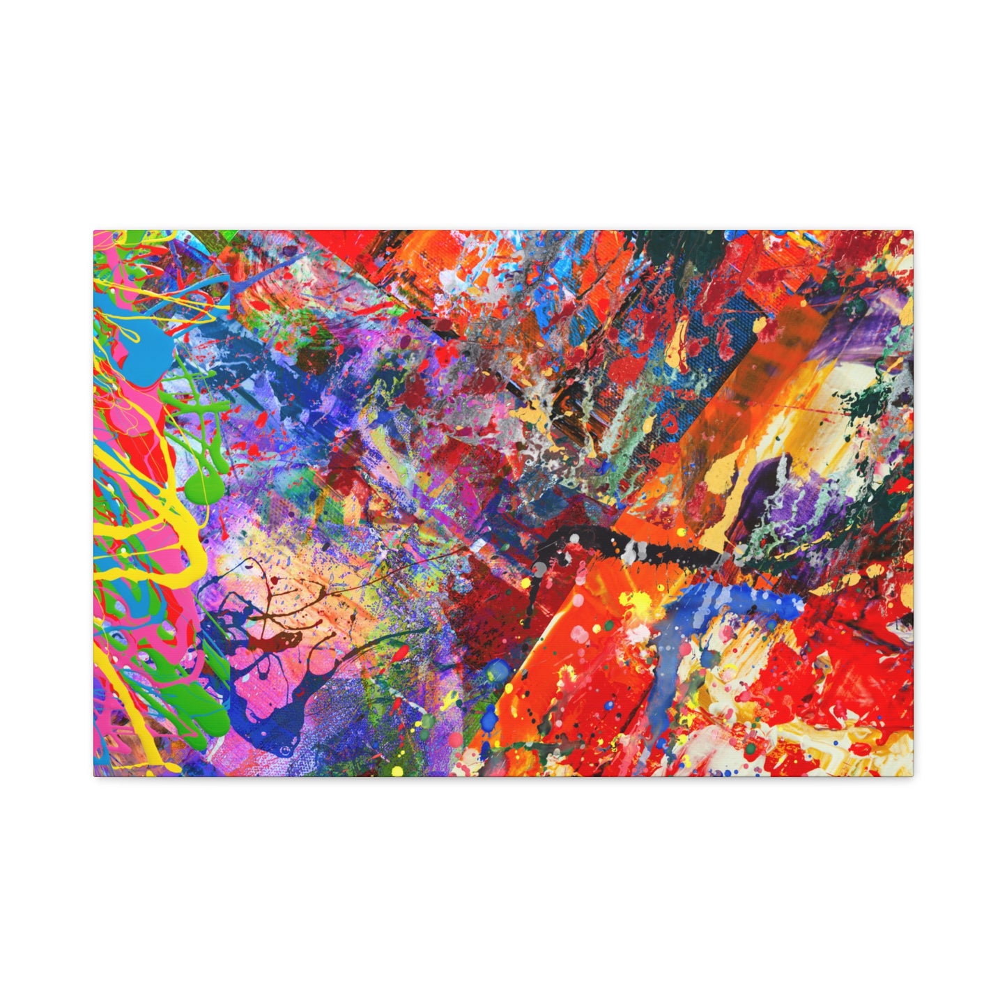 Colorful canvas abstract art print kaleidoscope collision with vibrant splashes of red, blue, green, and yellow by Printify