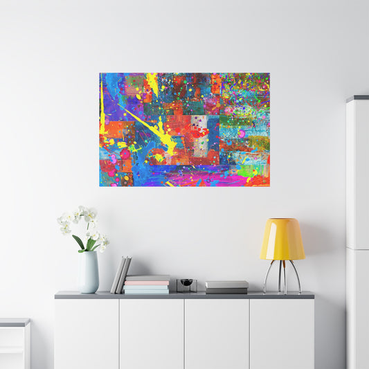 Vivid abstract patchwork art canvas print displayed on a modern wall with decor items