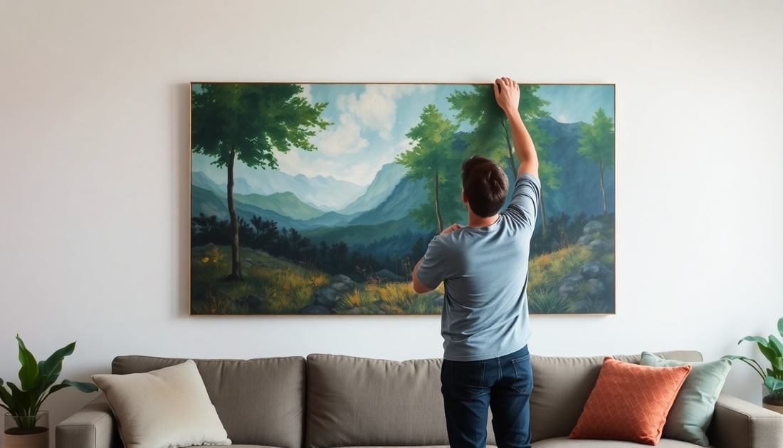 Person hanging a painting on their living room wall 