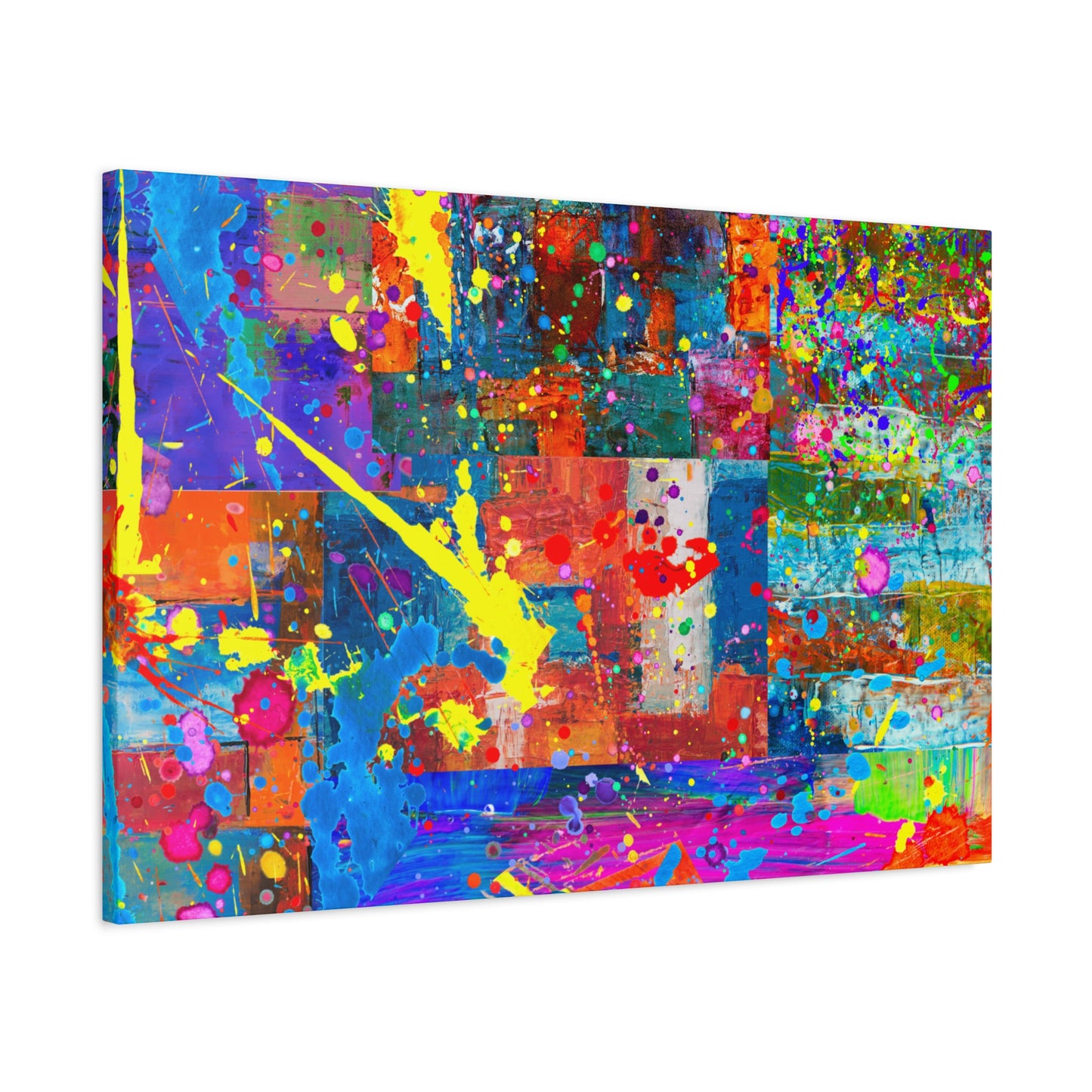 Neon Chaos Canvas Print – Abstract Patchwork Splatter Art with Bold Brushstrokes & Vivid Color Bursts