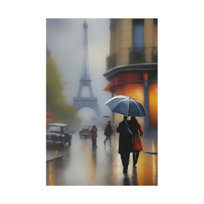 Paris Rainy Street Canvas Print – Romantic Eiffel Tower Wall Art with Umbrella Stroll Scene