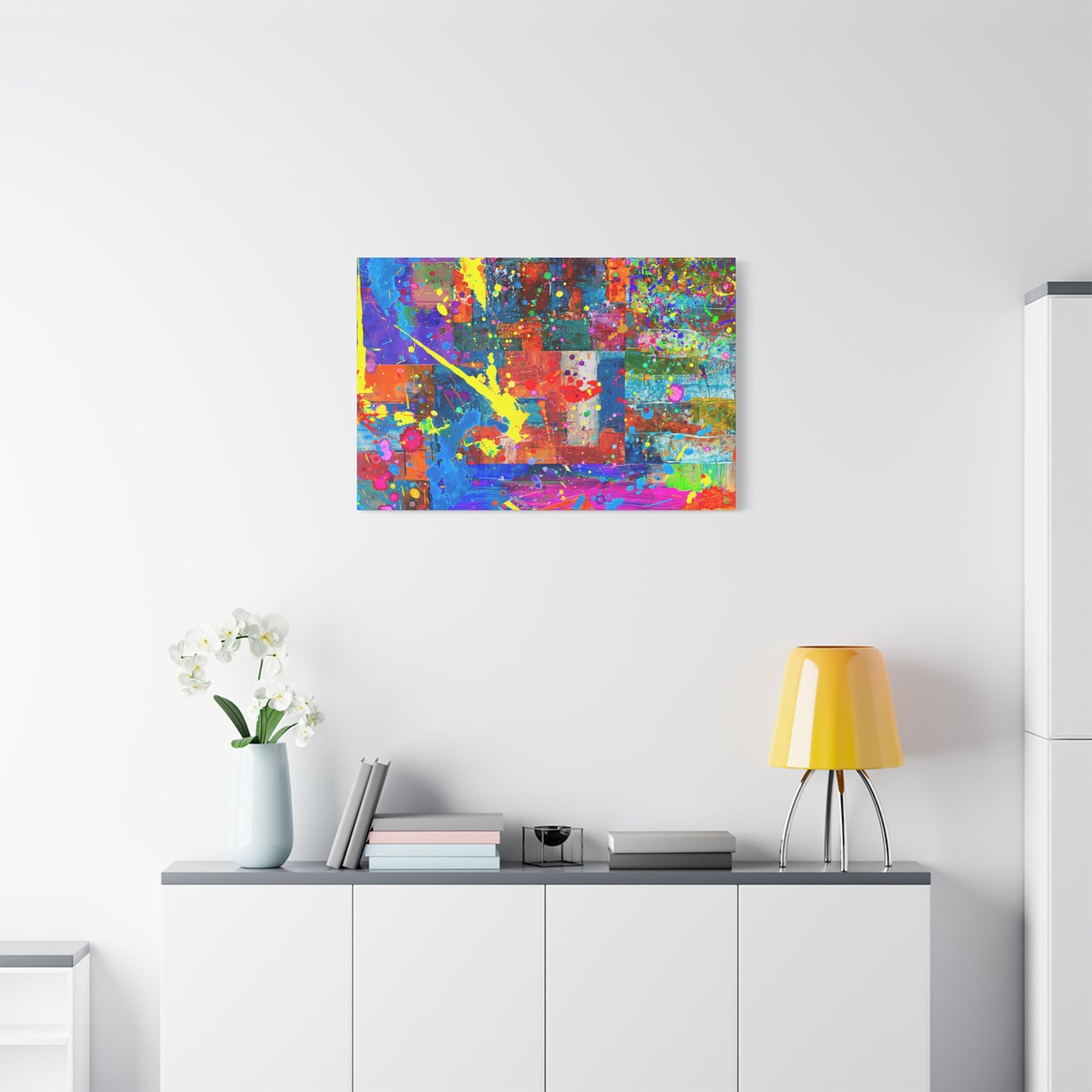 Neon Chaos Canvas Print – Abstract Patchwork Splatter Art with Bold Brushstrokes & Vivid Color Bursts
