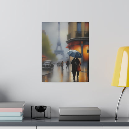 Paris Rainy Street Canvas Print – Romantic Eiffel Tower Wall Art with Umbrella Stroll Scene