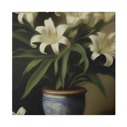 White Lily in Blue Vase Canvas Print – Elegant Botanical Wall Art for Classic Home Decor