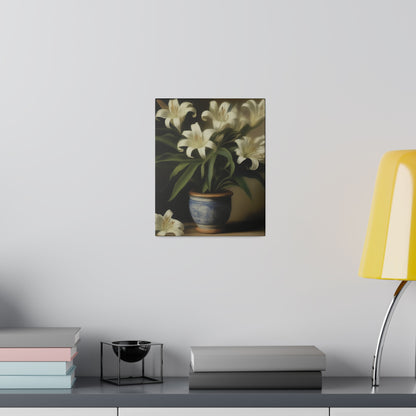 White Lily in Blue Vase Canvas Print – Elegant Botanical Wall Art for Classic Home Decor
