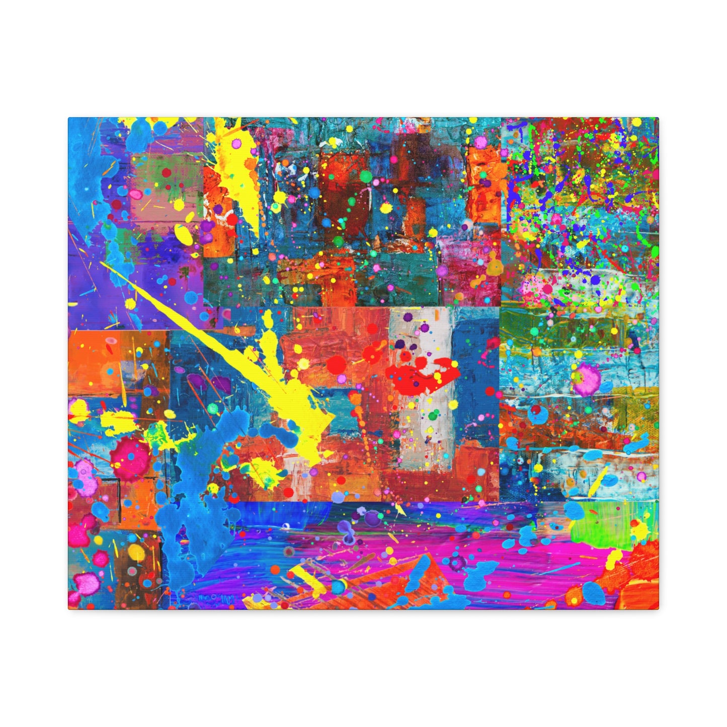 Neon Chaos Canvas Print – Abstract Patchwork Splatter Art with Bold Brushstrokes & Vivid Color Bursts