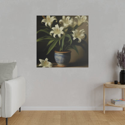 The serene atmosphere is enhanced by a Printify Potted Lilies Oil Painting on eco-friendly matte canvas, hanging above a cozy white sofa. A small round wooden table with dried flowers stands to the right, all against a light gray wall and light wooden floor.