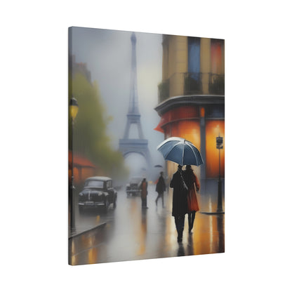 Paris Rainy Street Canvas Print – Romantic Eiffel Tower Wall Art with Umbrella Stroll Scene