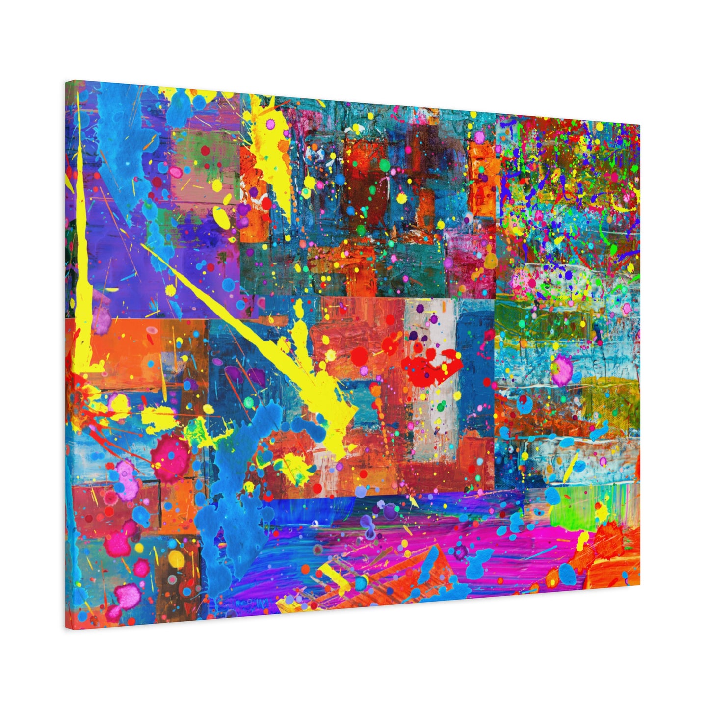 Neon Chaos Canvas Print – Abstract Patchwork Splatter Art with Bold Brushstrokes & Vivid Color Bursts