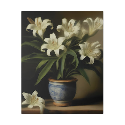 White Lily in Blue Vase Canvas Print – Elegant Botanical Wall Art for Classic Home Decor