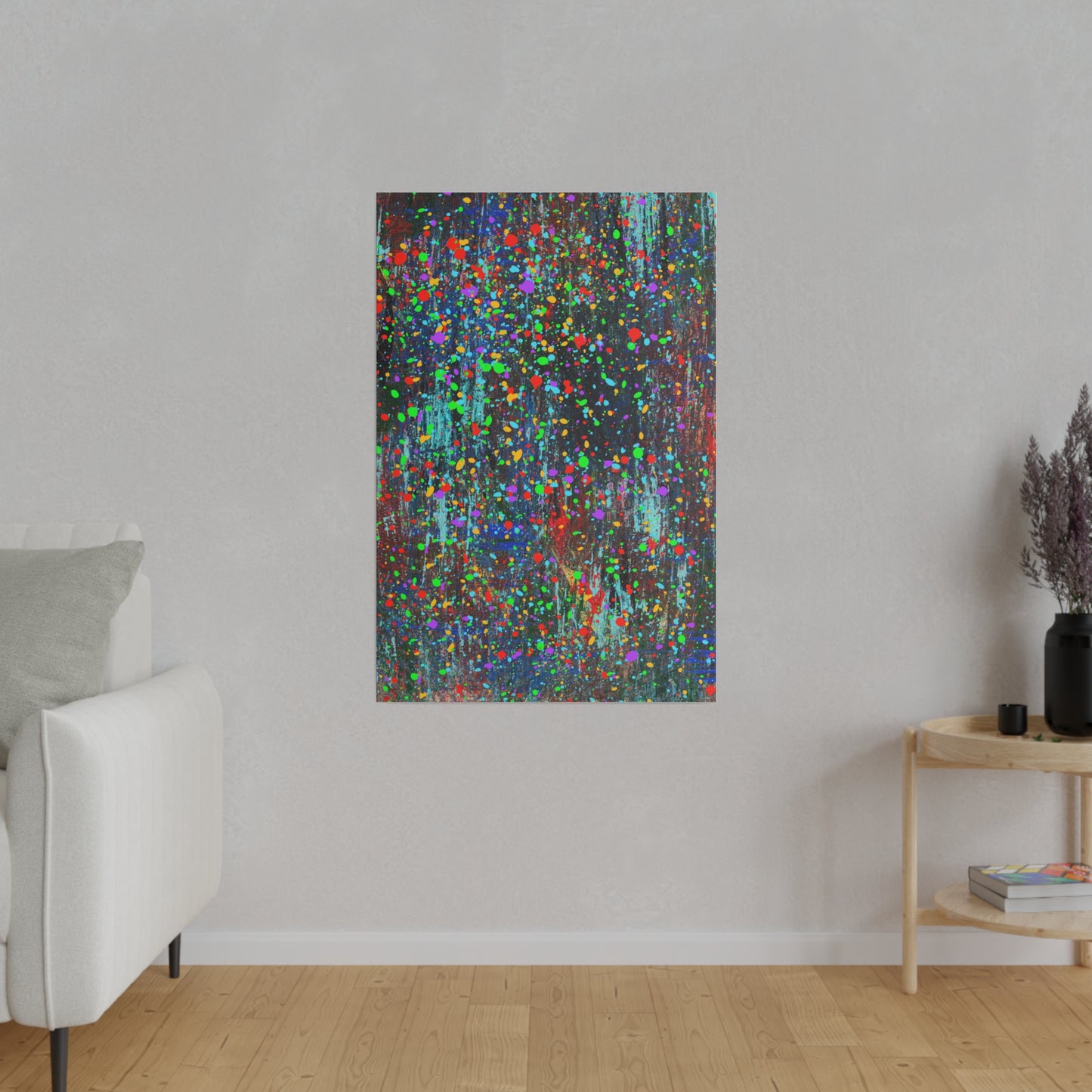 Color Drip Explosion Canvas Print  – Abstract Splatter Wall Art with Neon Paint on Dark Texture