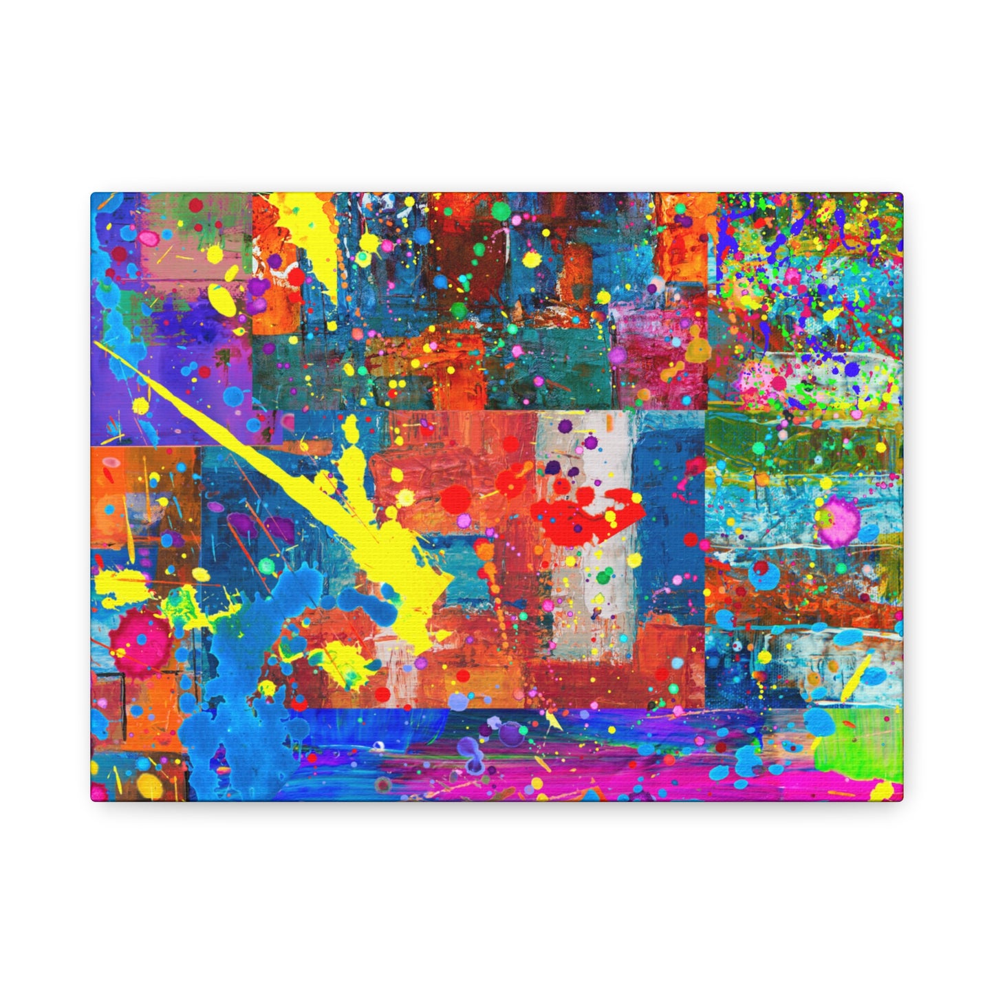 Neon Chaos Canvas Print – Abstract Patchwork Splatter Art with Bold Brushstrokes & Vivid Color Bursts