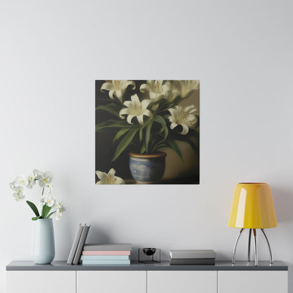 White Lily in Blue Vase Canvas Print – Elegant Botanical Wall Art for Classic Home Decor