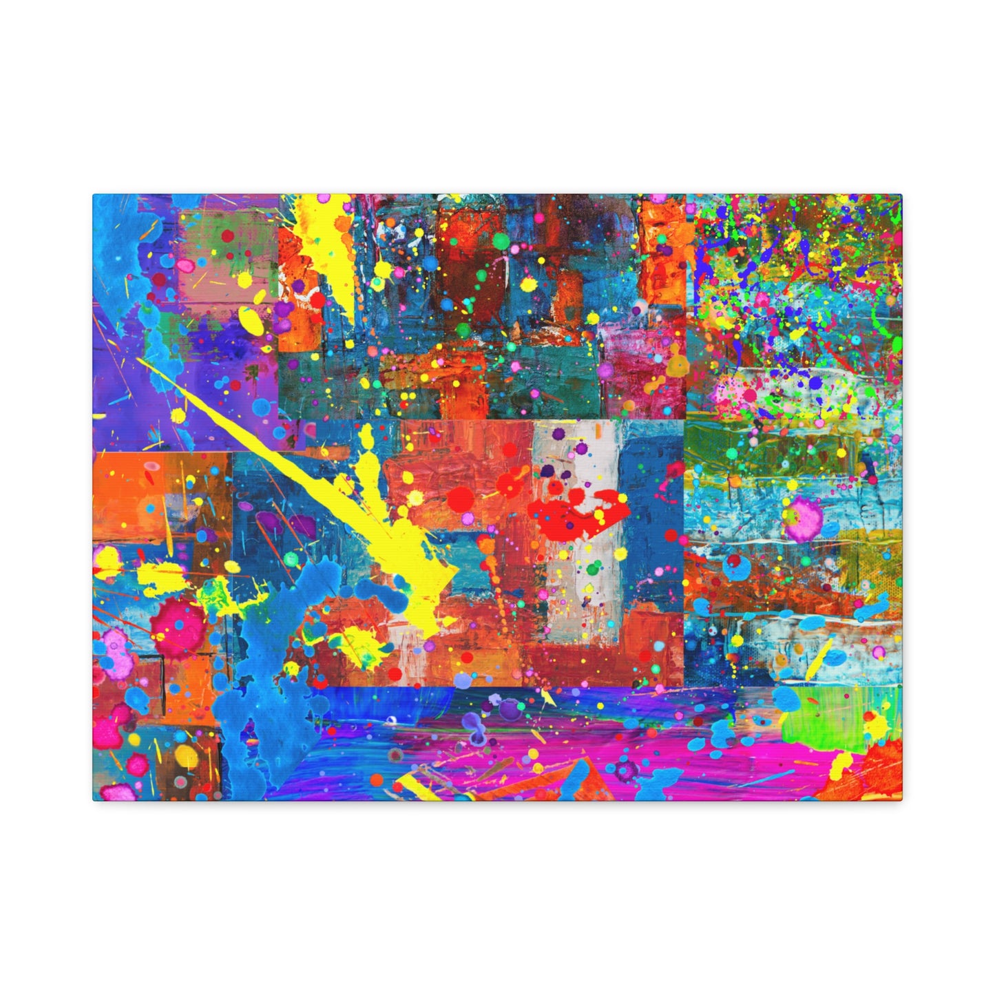 Neon Chaos Canvas Print – Abstract Patchwork Splatter Art with Bold Brushstrokes & Vivid Color Bursts