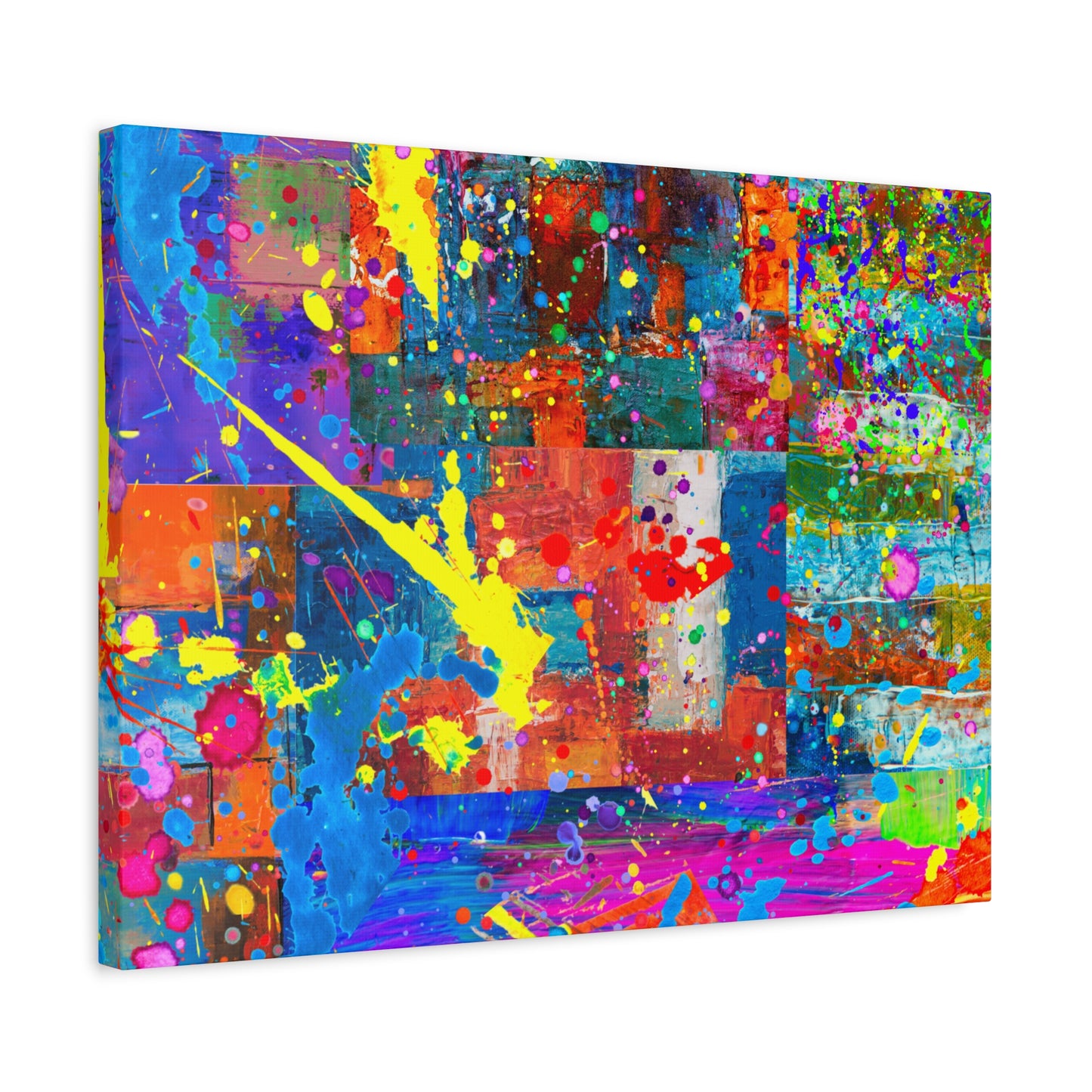 Neon Chaos Canvas Print – Abstract Patchwork Splatter Art with Bold Brushstrokes & Vivid Color Bursts