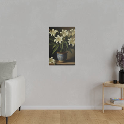 White Lily in Blue Vase Canvas Print – Elegant Botanical Wall Art for Classic Home Decor