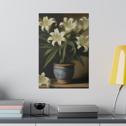 White Lily in Blue Vase Canvas Print – Elegant Botanical Wall Art for Classic Home Decor