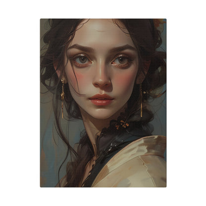 Canvas Print | Classical Women Headshot Painting by Printify features a digital portrait of a young woman with fair skin, dark wavy hair, and gold earrings—an elegant piece ideal for vibrant custom canvas artwork.