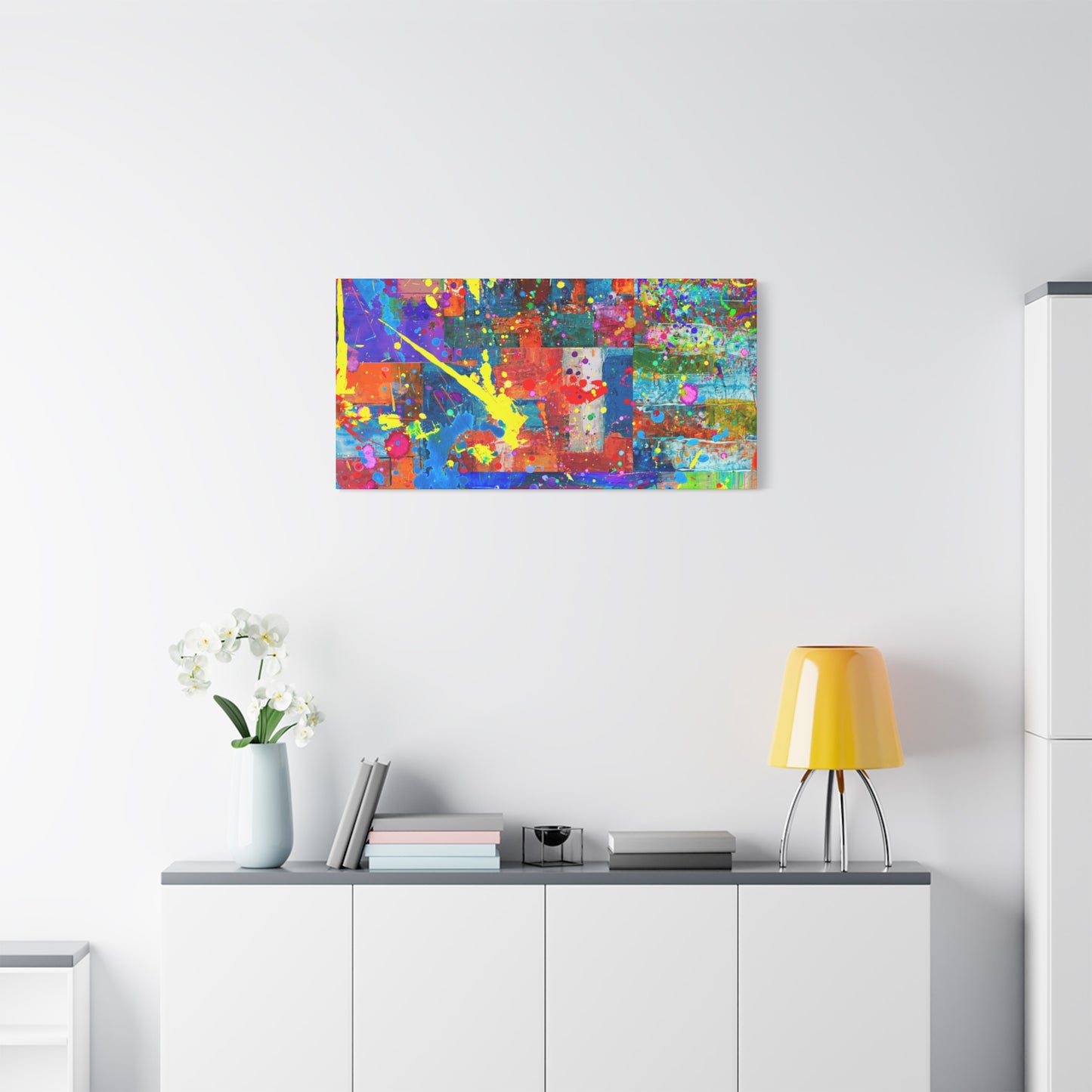 Neon Chaos Canvas Print – Abstract Patchwork Splatter Art with Bold Brushstrokes & Vivid Color Bursts