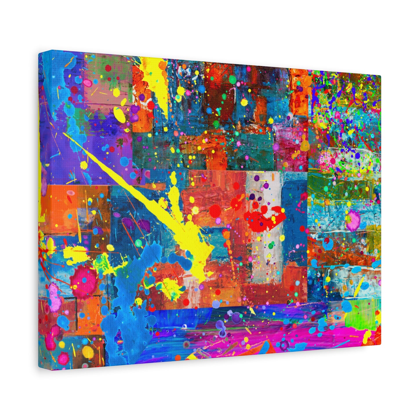 Neon Chaos Canvas Print – Abstract Patchwork Splatter Art with Bold Brushstrokes & Vivid Color Bursts