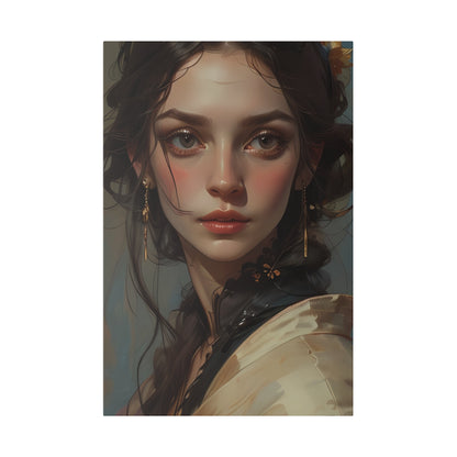 The Canvas Print | Classical Women Headshot Painting by Printify features a digital portrait of a young woman with large brown eyes, loose braided hair, gold earrings, and a ruffled black collar, printed on durable cotton polyester canvas.