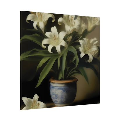 White Lily in Blue Vase Canvas Print – Elegant Botanical Wall Art for Classic Home Decor