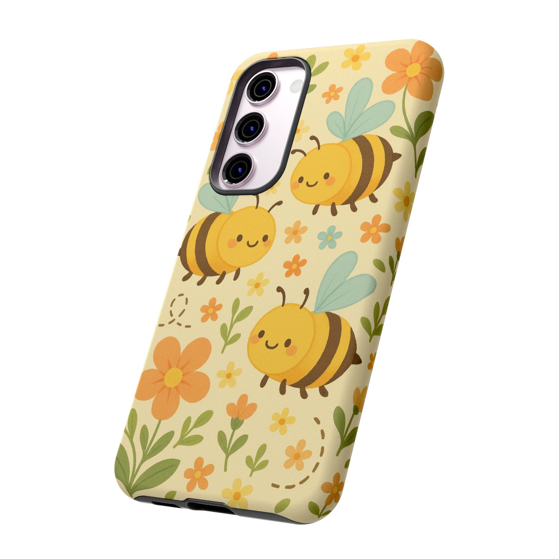 The Cute Cartoon Floral Bee Tough Phone Case by Printify features adorable bees, orange and yellow flowers, and green leaves on a light yellow background—perfect as a bee lover’s gift!.