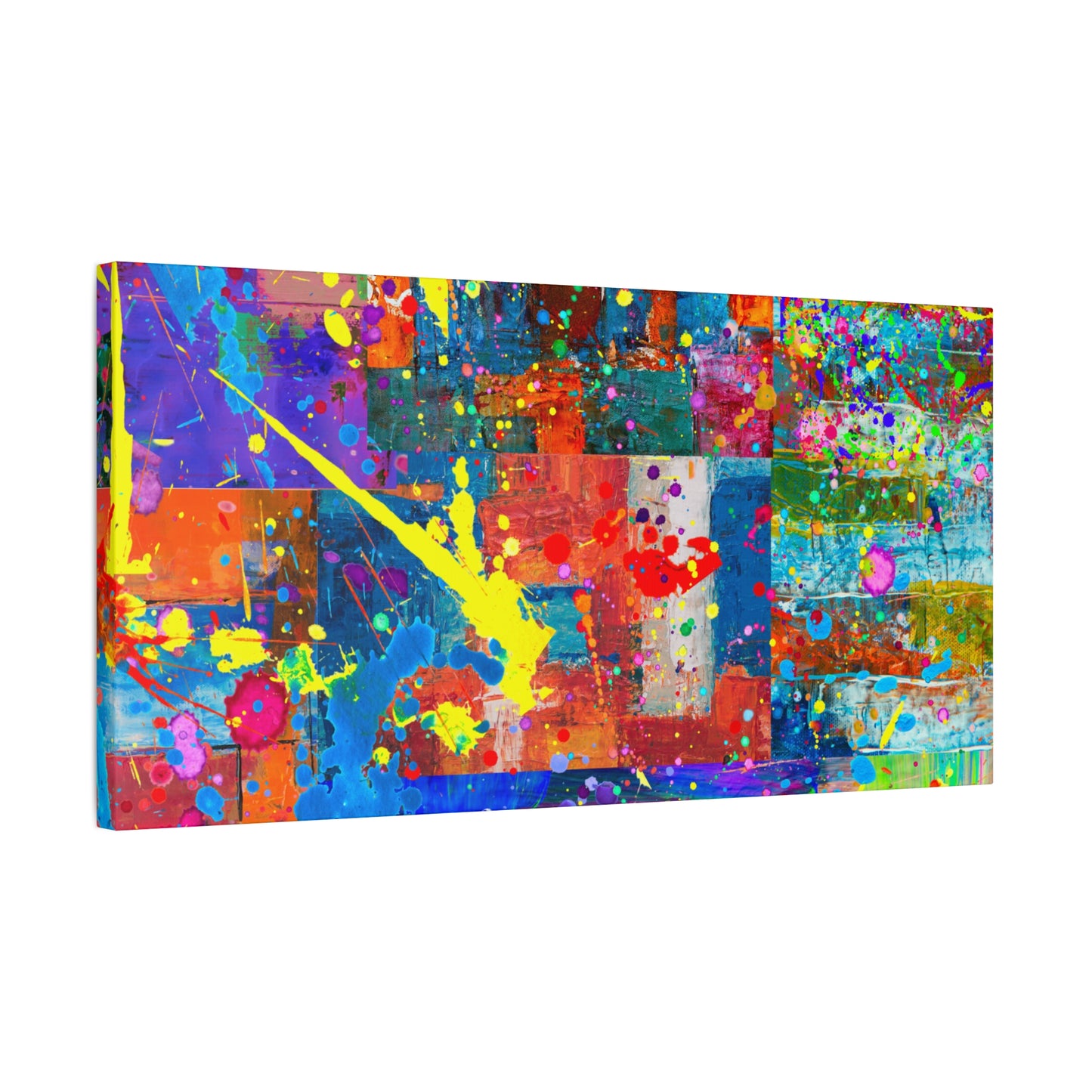 Neon Chaos Canvas Print – Abstract Patchwork Splatter Art with Bold Brushstrokes & Vivid Color Bursts