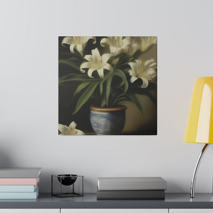 White Lily in Blue Vase Canvas Print – Elegant Botanical Wall Art for Classic Home Decor