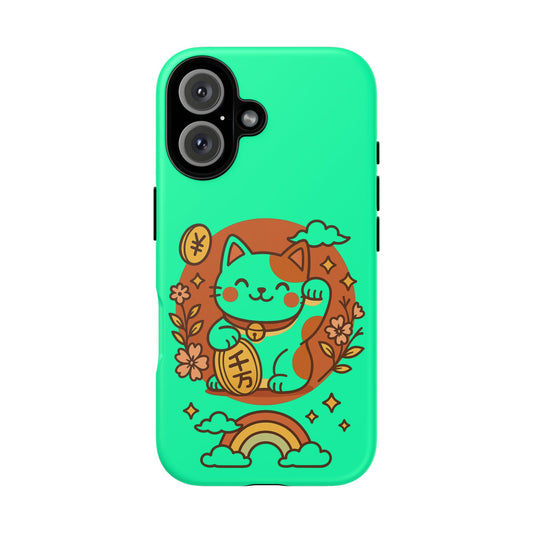 Kawaii Lucky Cat Phone Case – Mint Green Japanese Maneki-Neko with Coins & Rainbow