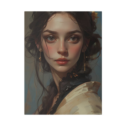 Printify’s Canvas Print | Classical Women Headshot Painting features a young woman with long, wavy dark hair, gold earrings, and a cream garment. Her expressive brown eyes and serene look are beautifully reproduced on an eco-friendly canvas.