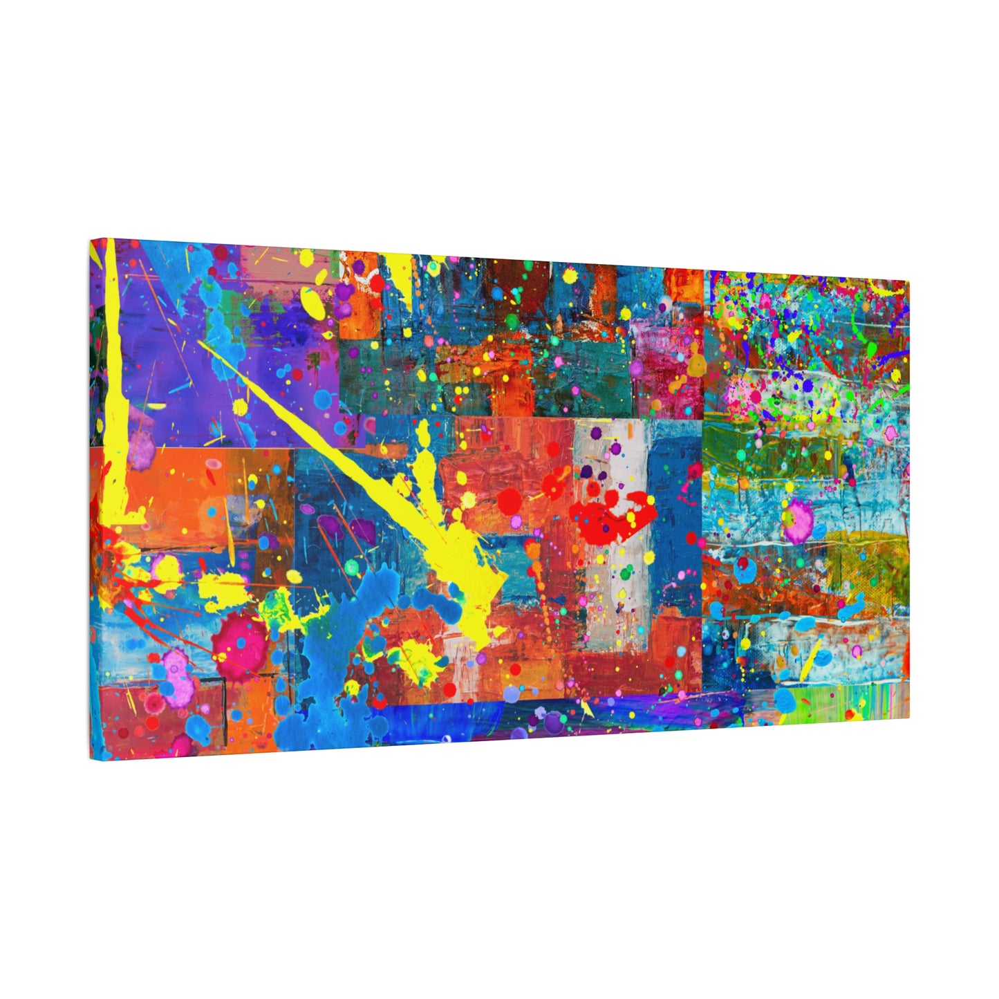 Neon Chaos Canvas Print – Abstract Patchwork Splatter Art with Bold Brushstrokes & Vivid Color Bursts