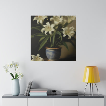 White Lily in Blue Vase Canvas Print – Elegant Botanical Wall Art for Classic Home Decor