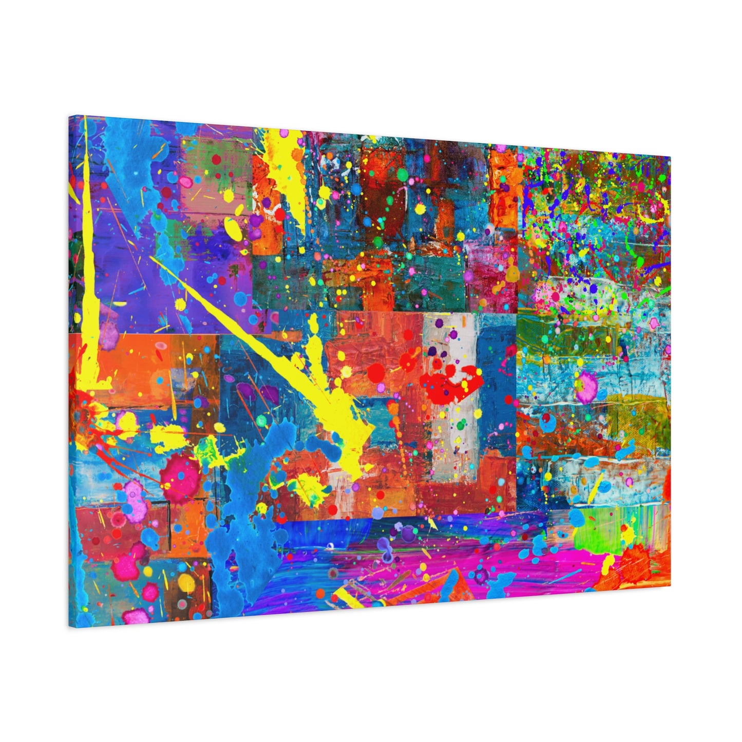 Neon Chaos Canvas Print – Abstract Patchwork Splatter Art with Bold Brushstrokes & Vivid Color Bursts