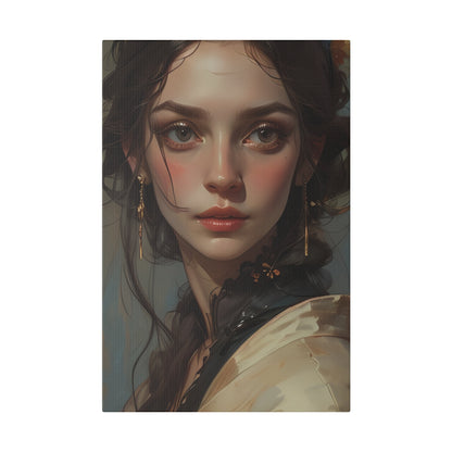Canvas Print | Classical Women Headshot Painting by Printify: A digital artwork of a young woman with fair skin, large brown eyes, and long dark hair in gold earrings and a high-collared black dress on cotton polyester canvas with a muted background.