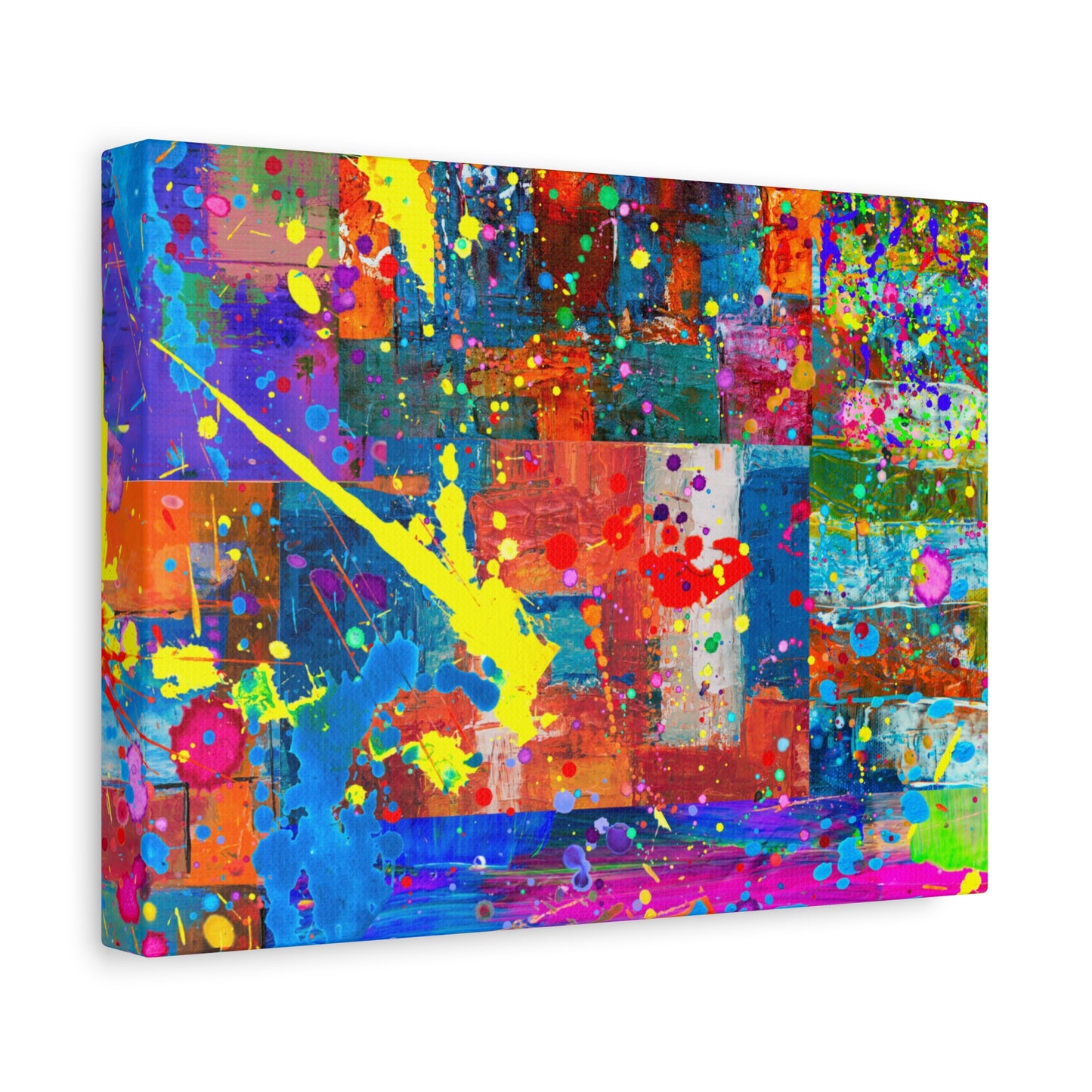 Neon Chaos Canvas Print – Abstract Patchwork Splatter Art with Bold Brushstrokes & Vivid Color Bursts