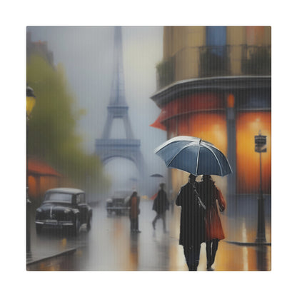 Paris Rainy Street Canvas Print – Romantic Eiffel Tower Wall Art with Umbrella Stroll Scene