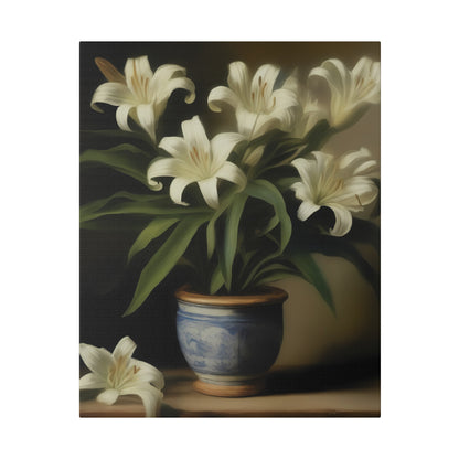 White Lily in Blue Vase Canvas Print – Elegant Botanical Wall Art for Classic Home Decor